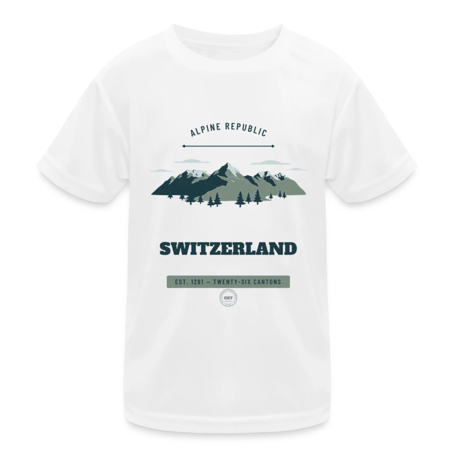 Switzerland badge on a kids functional t-shirt, white