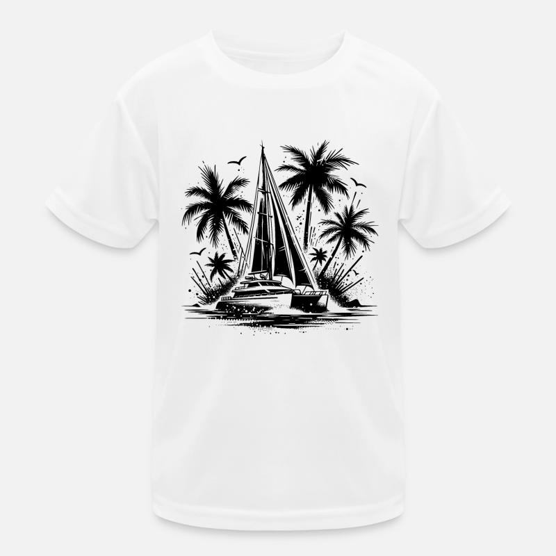Double hull catamaran sailboat with palm trees Kids Functional T-Shirt
