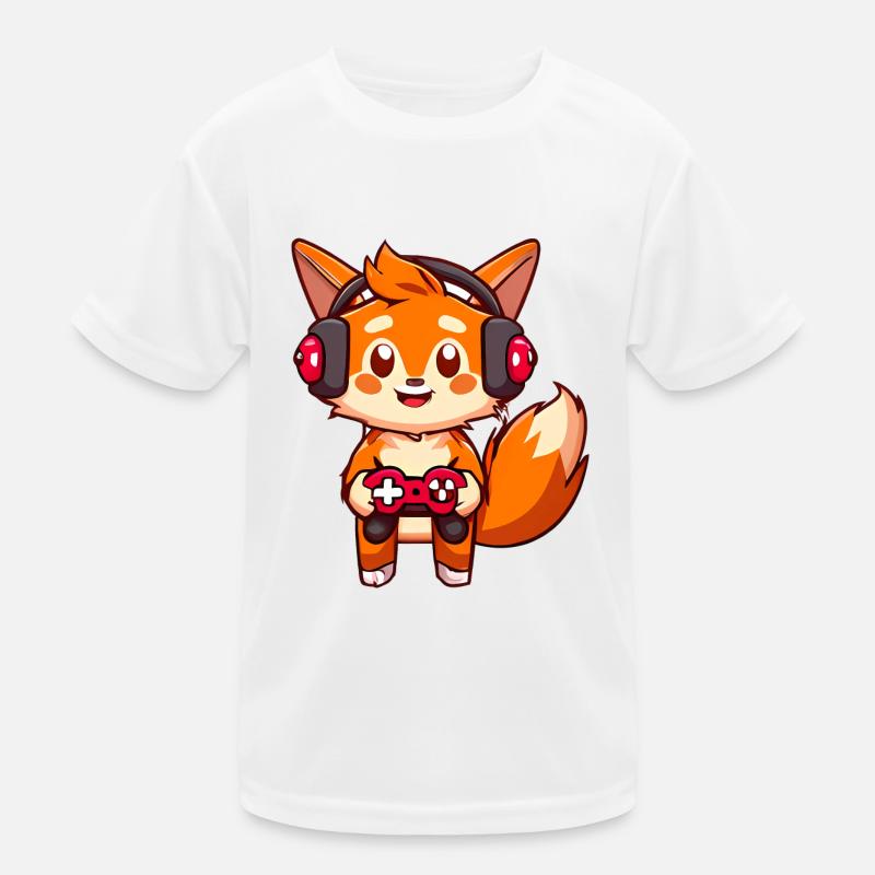 00237 roter Fuchs mit Kopfhörer und Controller Kinder Funktions-T-Shirt