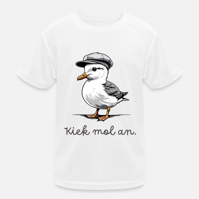"Kiek mol an" Möwe mit plattdeutschem Spruch Kinder Funktions-T-Shirt
