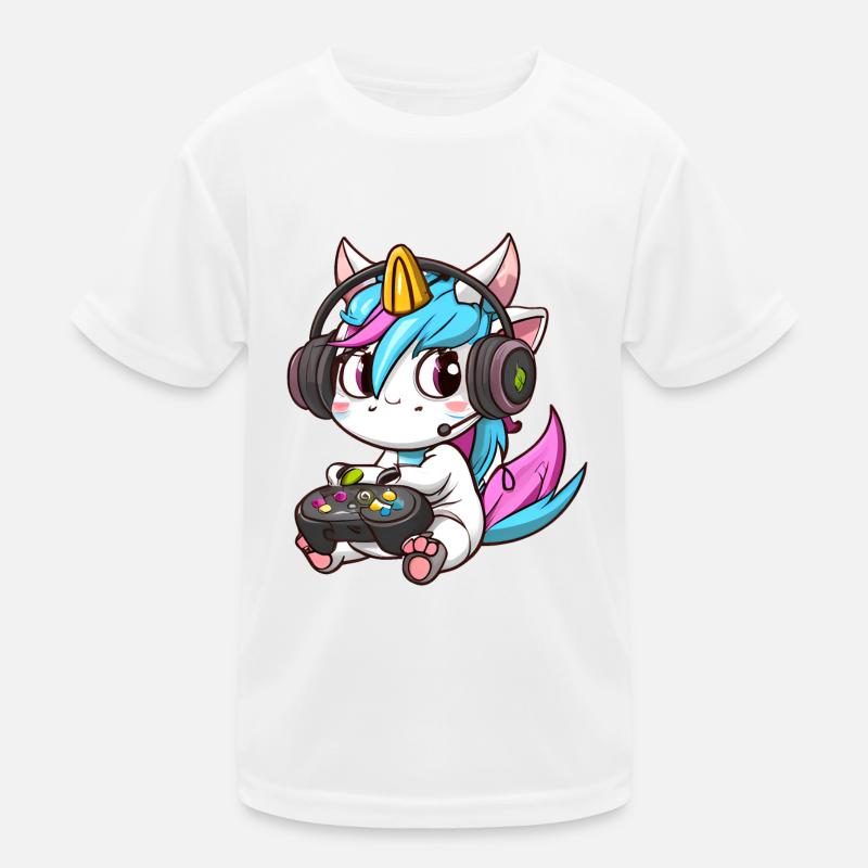 00234 süßes Einhorn mit Headset und Controller Kinder Funktions-T-Shirt