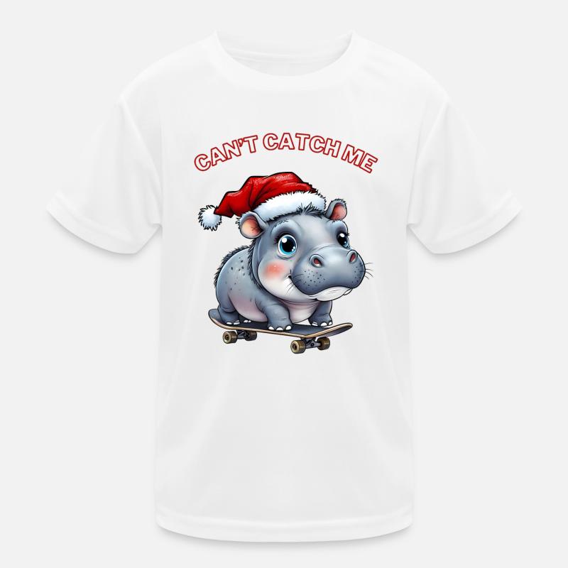 Moo Deng mit Weihnachtsmütze und Skateboard Kinder Funktions-T-Shirt