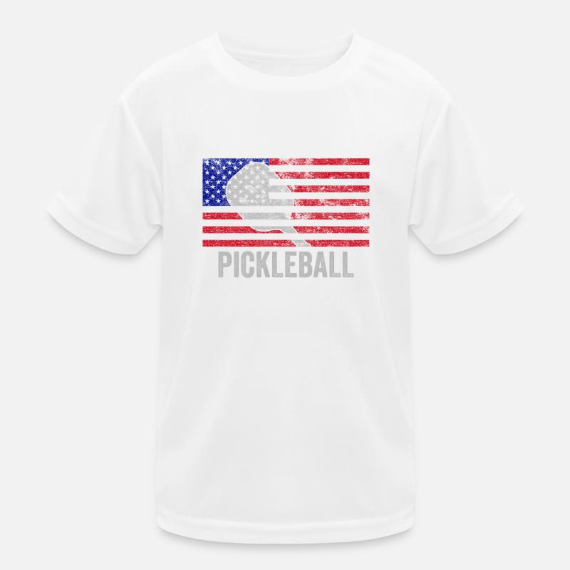 Distressed USA Flag Pickleball Player Paddleball Kids Functional T-Shirt