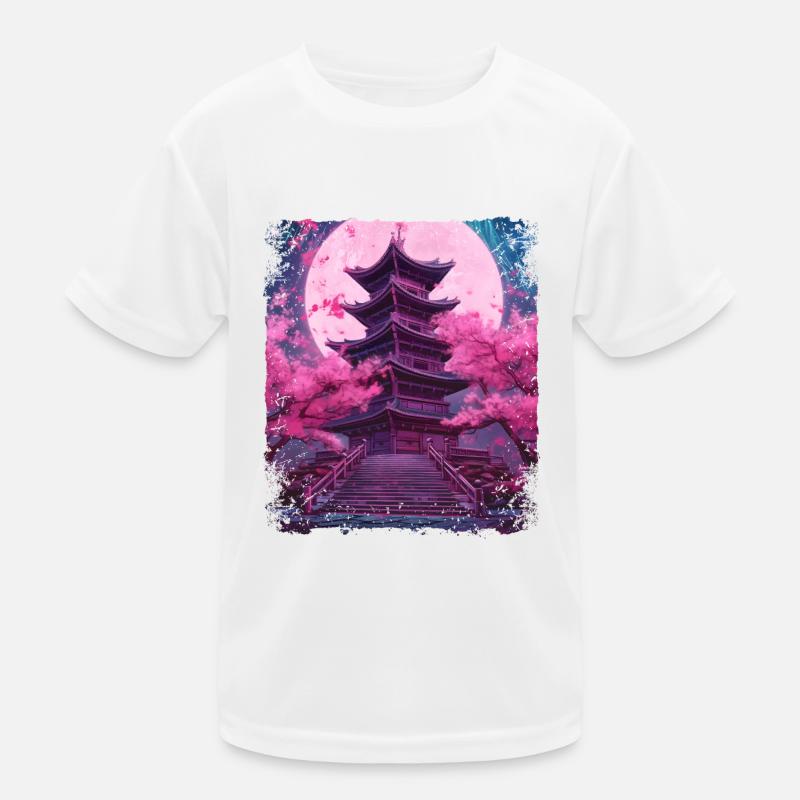 Cherry Blossom Sakura Tree in a Temple Vaporwave Kids Functional T-Shirt