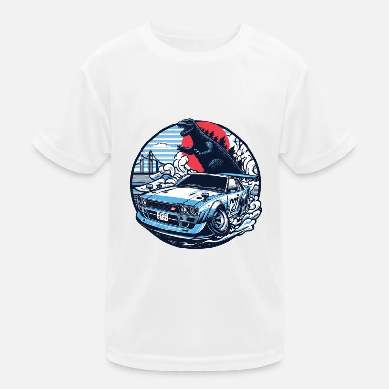 Auto im japanischen Stil hinter Monster und Regenbogen, JDM Kinder Funktions-T-Shirt