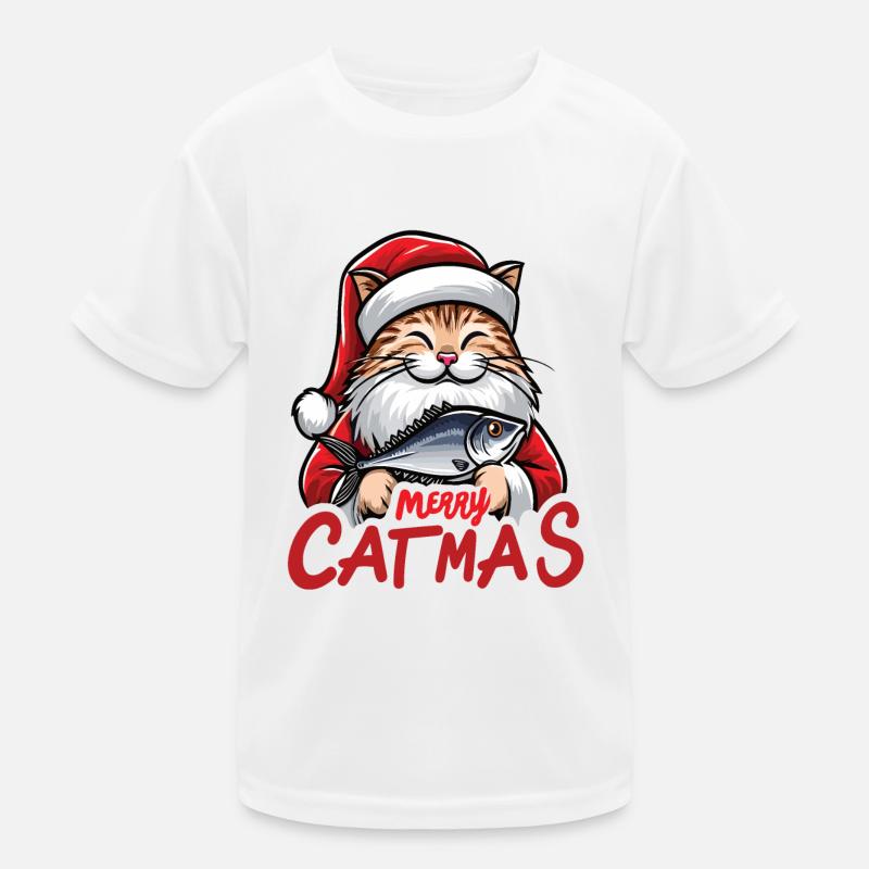 Fette Katze als Weihnachtsmann mit Thunfisch, Merry Catmas Kinder Funktions-T-Shirt