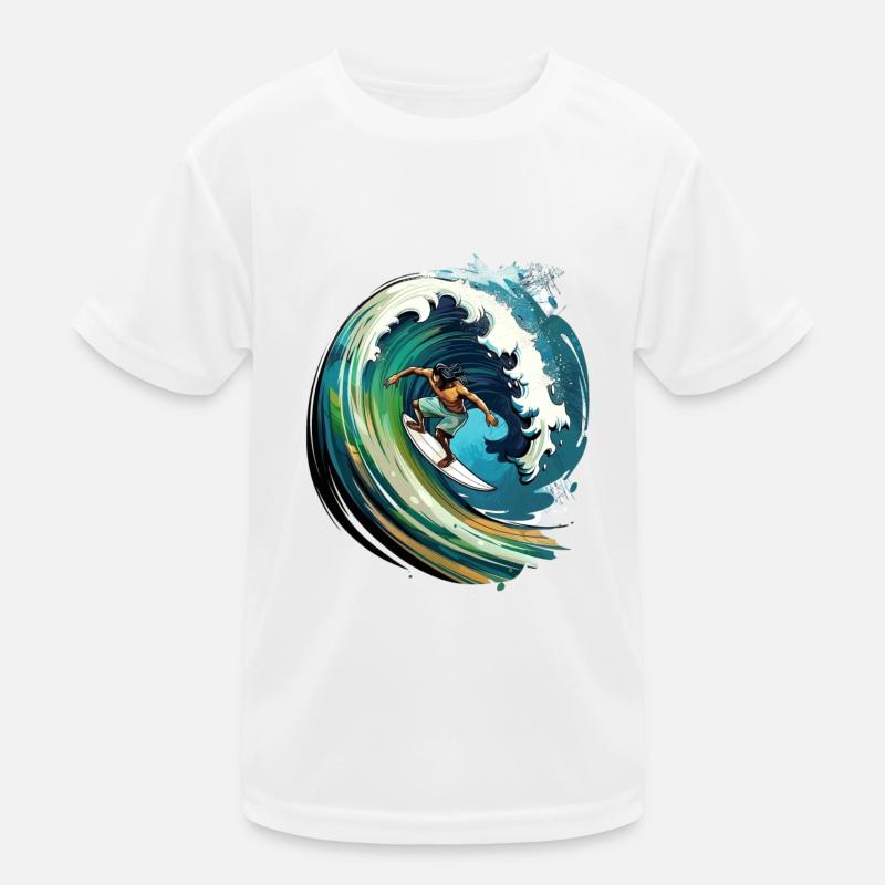 Surfer auf einer großen Welle in einer 2D-Illustra Kinder Funktions-T-Shirt
