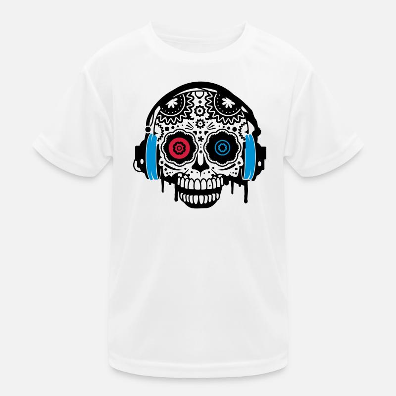 Sugar Skull mit Kopfhörer - Kinder Funktions-T-Shirt - Weiß