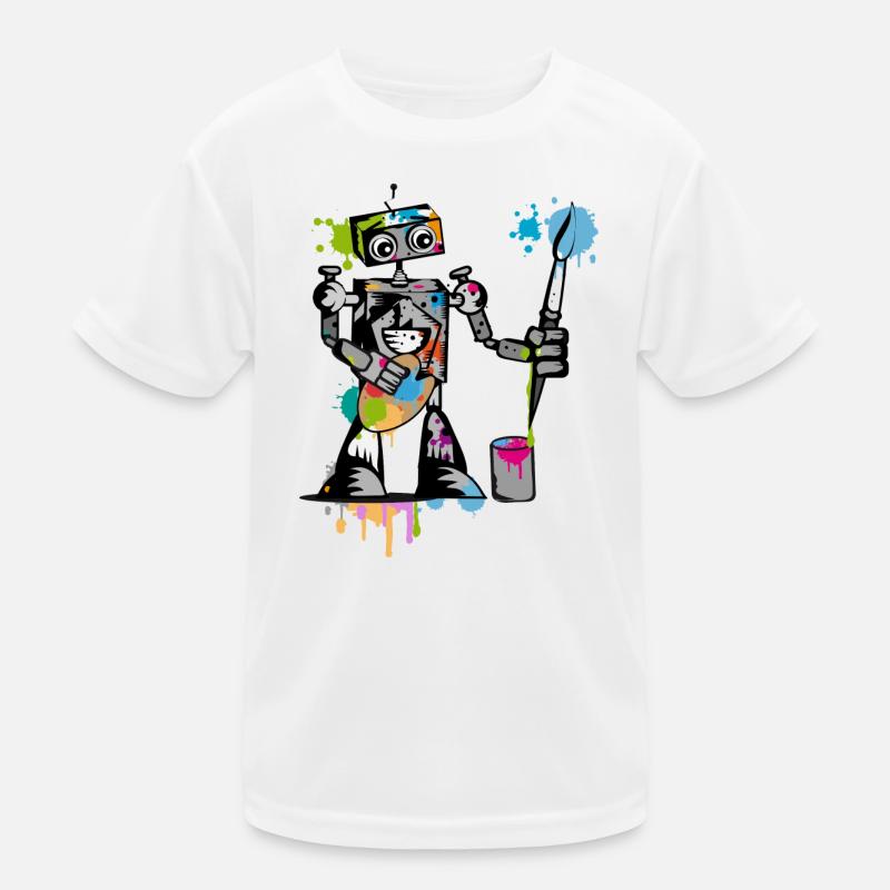 Roboter mit einem Pinsel - Kinder Funktions-T-Shirt - Weiß