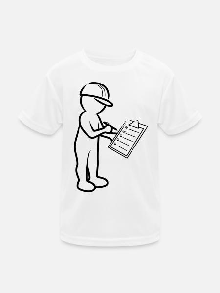 Male with helmet and checklist at construction site - Kids Functional T-Shirt - white - Front