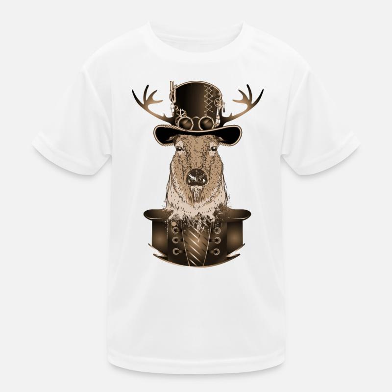 Steampunk deer with antique cylinder hat in sepia Kids Functional T-Shirt