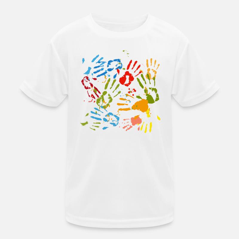 kunterbunte Handabdrücke von Kindern mit Kleckse Kinder Funktions-T-Shirt