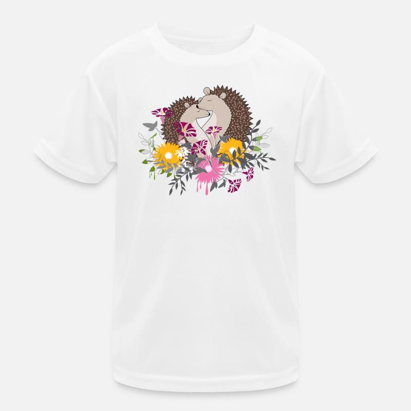 Two small hedgehogs sit together in the flower bed Kids Functional T-Shirt