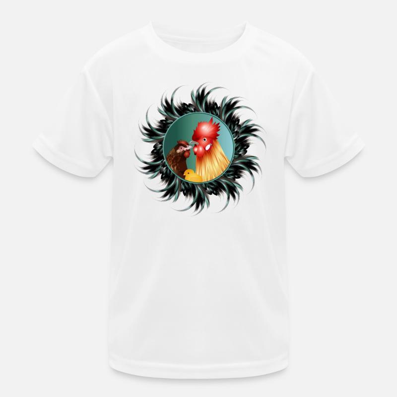 Rooster with hen and chicks in feather frame Kids Functional T-Shirt