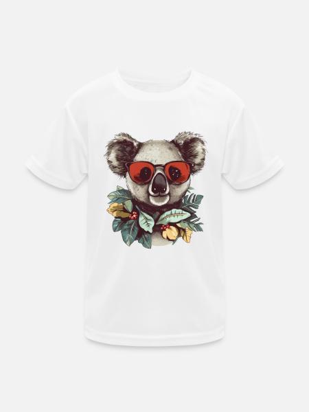 Koala with red sunglasses and wreath of leaves - Kids Functional T-Shirt - white - Front