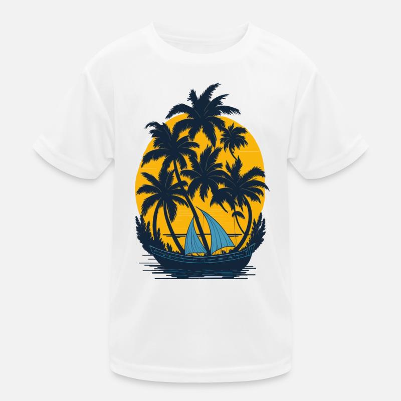 Sonnenuntergang am Palmenboot Kinder Funktions-T-Shirt