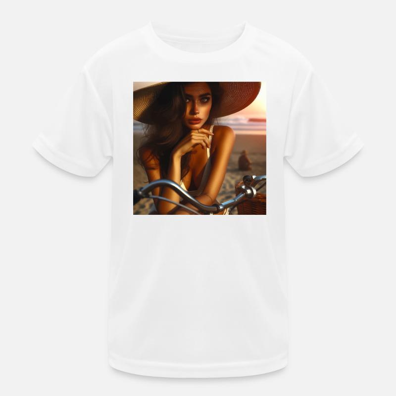 Belle fille sur la plage avec affiche de vélo T-shirt sport Enfant
