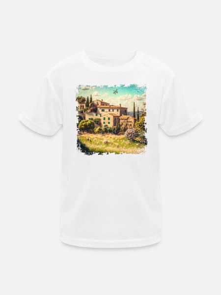 sunny mediterranean landscape with old houses - Kids Functional T-Shirt - white - Front