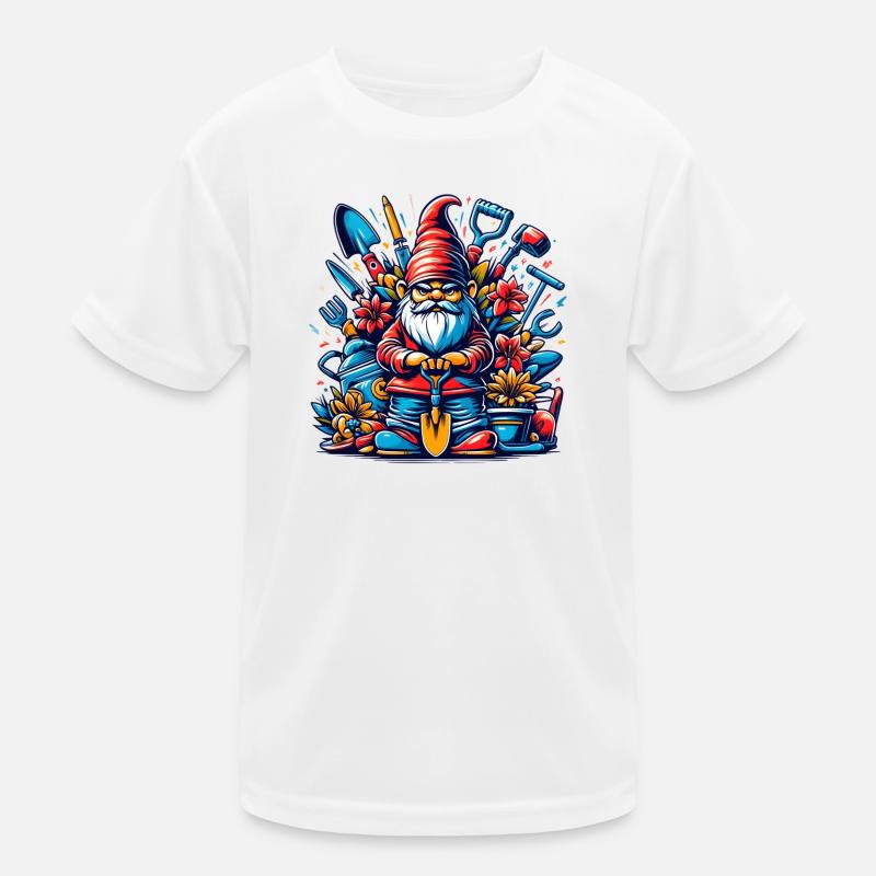 Bunter,grimmiger Gartenzwerg mit Blumen & Werkzeug Kinder Funktions-T-Shirt