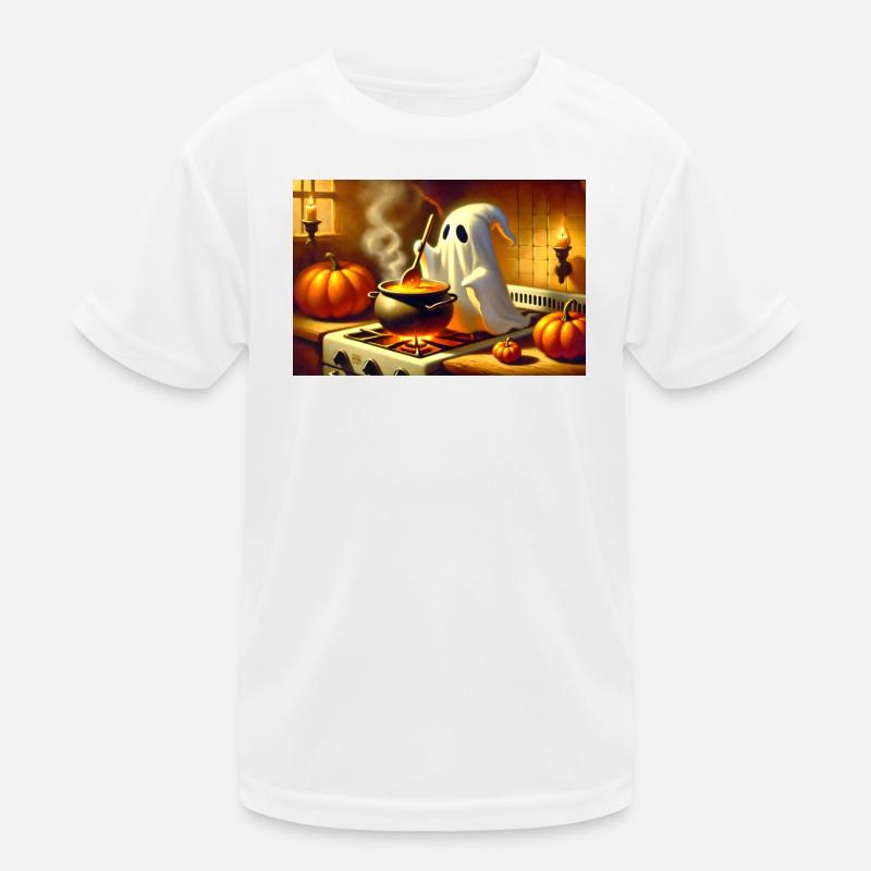 Ghost se tient devant la cuisinière et prépare de la soupe à la citrouille T-shirt sport Enfant