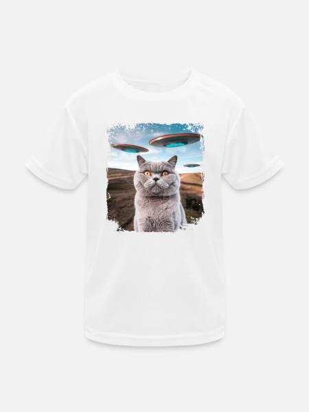 Funny British Shorthair Cat selfie with Alien UFOs - Kids Functional T-Shirt - white - Front