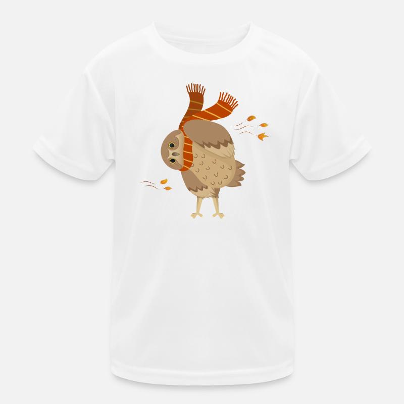 Süße Cartoon-Eule trägt Schal mit fallenden Blättern - Kinder Funktions-T-Shirt - Weiß