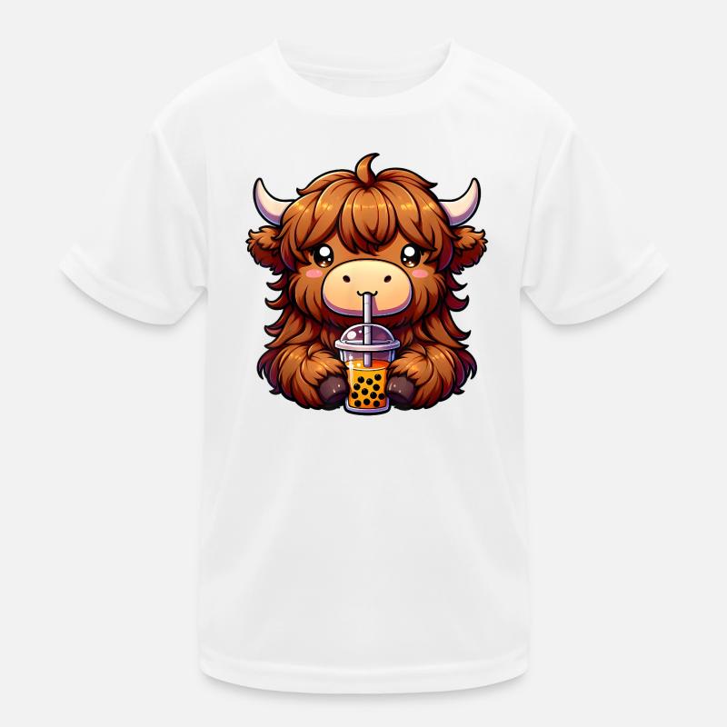 Adorable Highland Cow with Bubble Tea Kids Functional T-Shirt