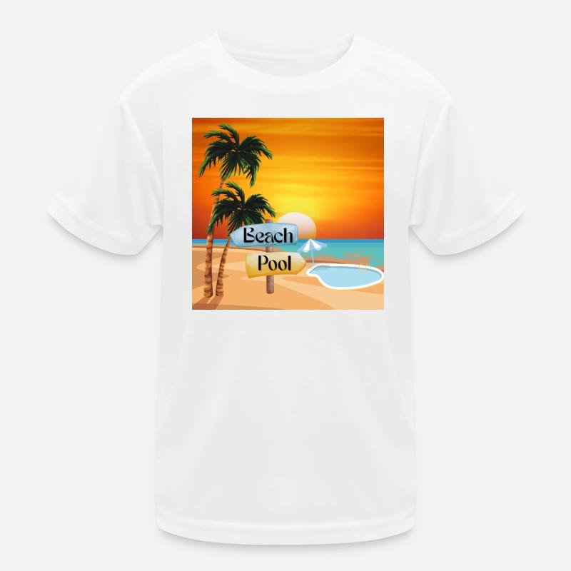 Tropical beach with pool and sunset Kids Functional T-Shirt