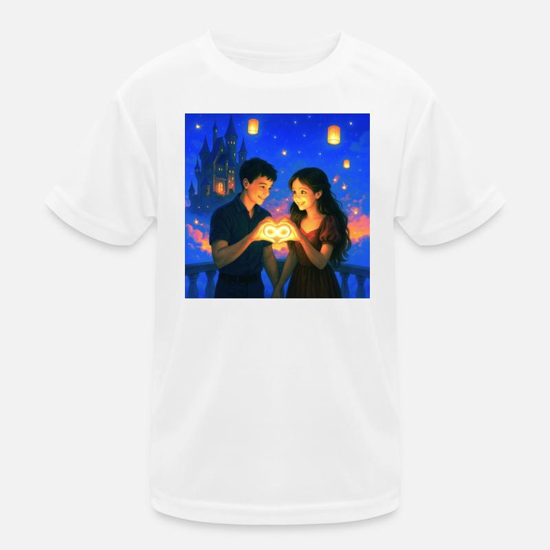 Romantic Couple Holding Glowing Infinity Heart Kids Functional T-Shirt