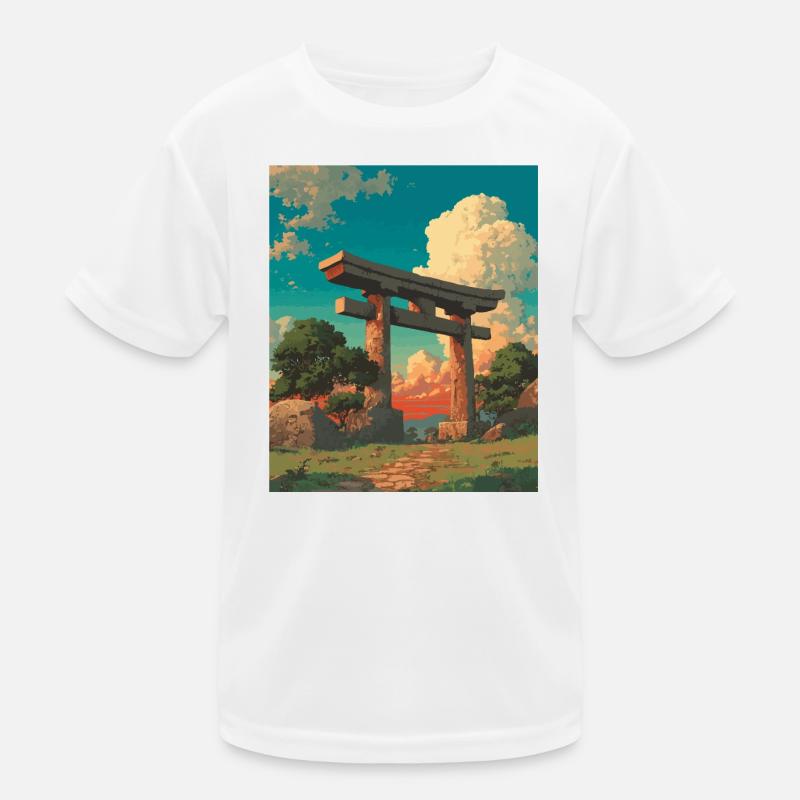 Sonnenuntergang hinter dem traditionellen Torii-Tor Kinder Funktions-T-Shirt