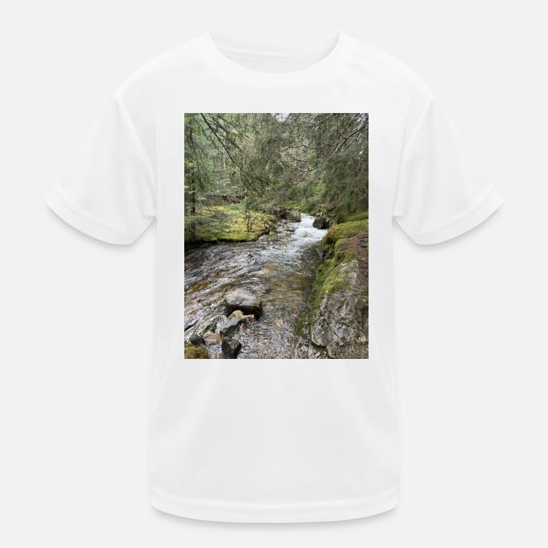 Stillleben im Wald mit Fluss Kinder Funktions-T-Shirt