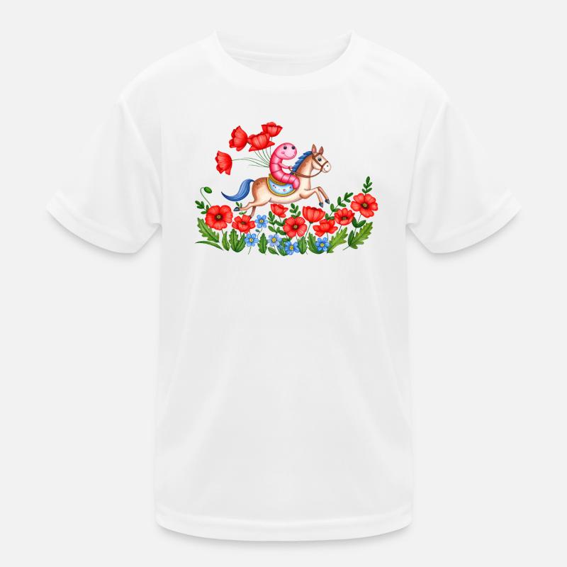 Ein Regenwurm auf einem Pferd in einem Mohnfeld Kinder Funktions-T-Shirt
