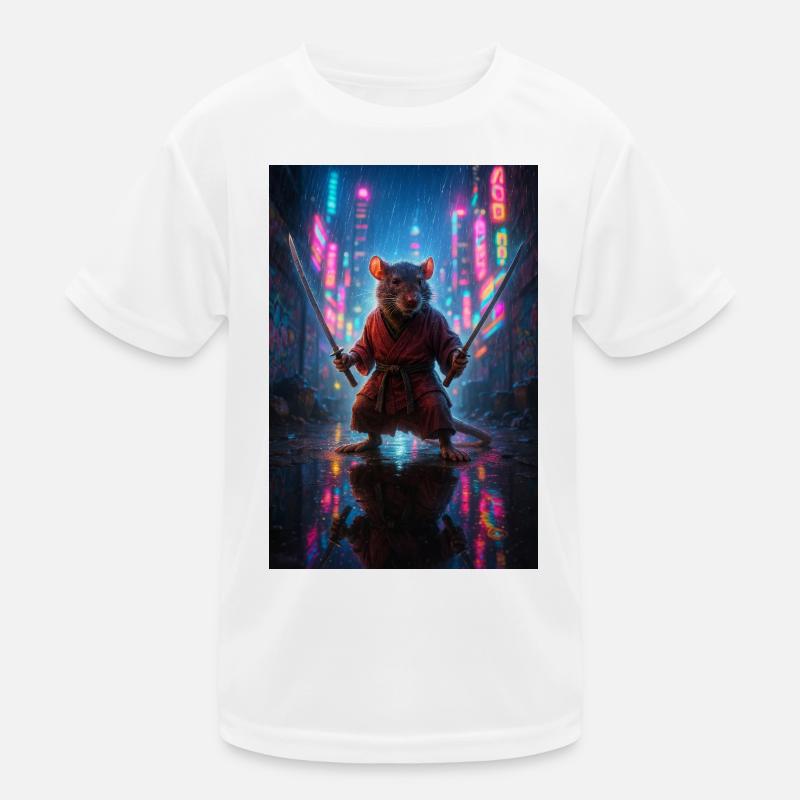 Ratten-Ninja mit Katanas in einer Neon-Stadtlandschaft Kinder Funktions-T-Shirt