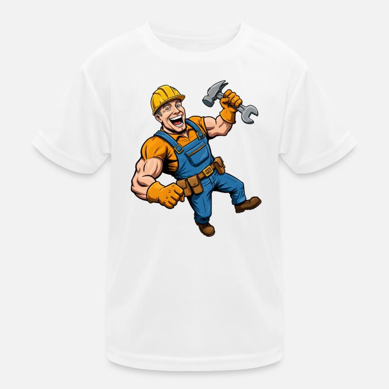 Ouvrier du bâtiment de dessin animé joyeux avec des outils T-shirt sport Enfant