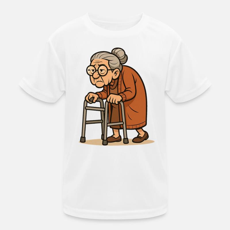 Humorvolle Seniorin mit Rollator Illustration Kinder Funktions-T-Shirt