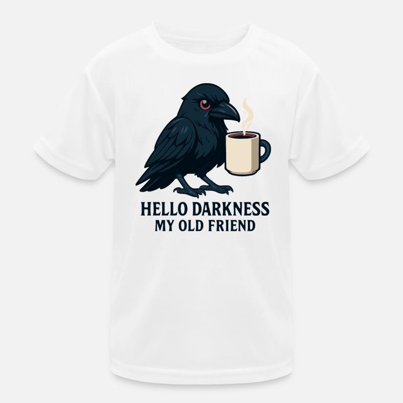 Dark Humor Raven with Coffee Mug Kids Functional T-Shirt