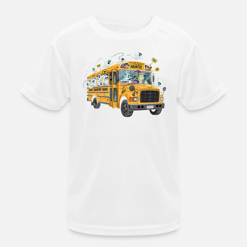 Haunted School Bus with Ghosts and Witch Kids Functional T-Shirt