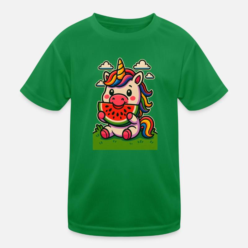 Regenbogen-Einhorn isst Wassermelone Kinder Funktions-T-Shirt
