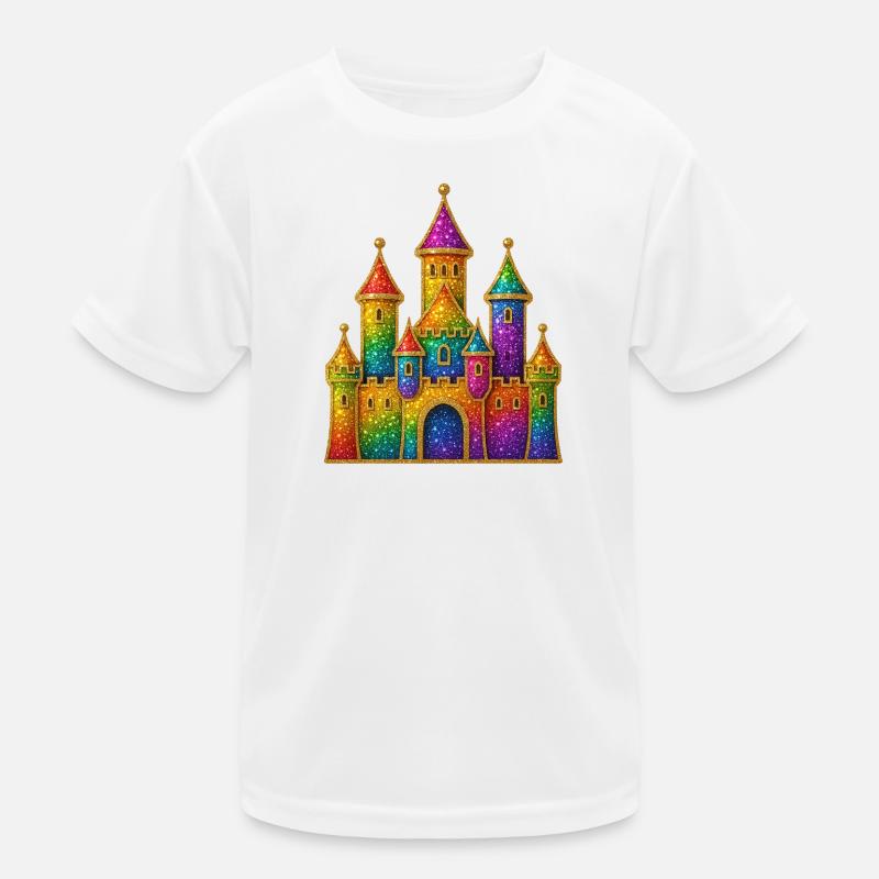 Regenbogen-Glitzer-Schloss-Design Kinder Funktions-T-Shirt