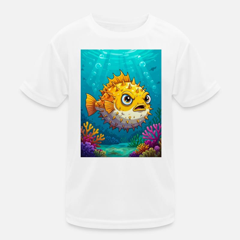 Kugelfisch im Comic-Stil, runder, stacheliger, aufgeblasener Körper Kinder Funktions-T-Shirt