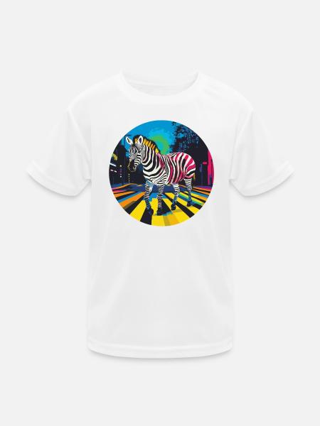 Colorful zebra in neon cityscape - Kids Functional T-Shirt - white