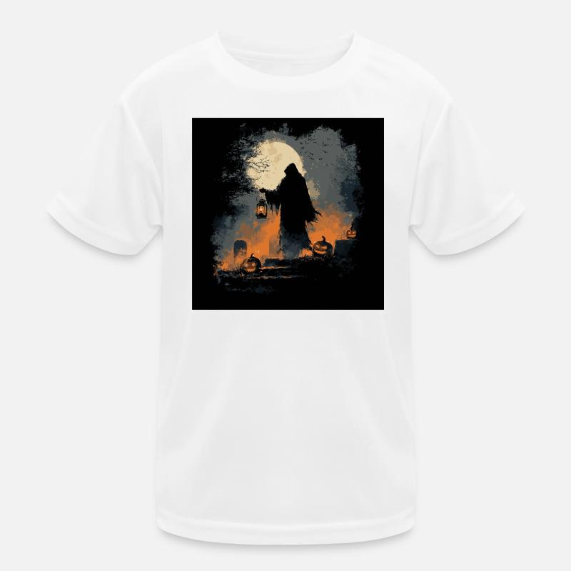 Grim Reaper silhouette with pumpkins and full moon Kids Functional T-Shirt