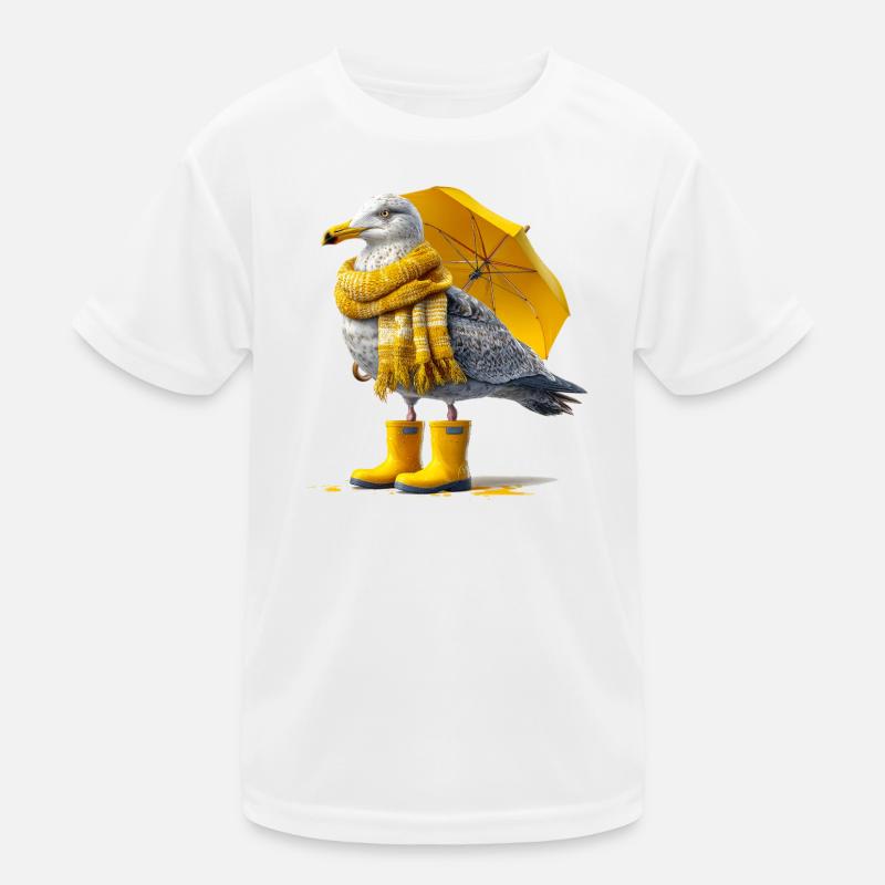 Seagull with yellow umbrella and boots Kids Functional T-Shirt