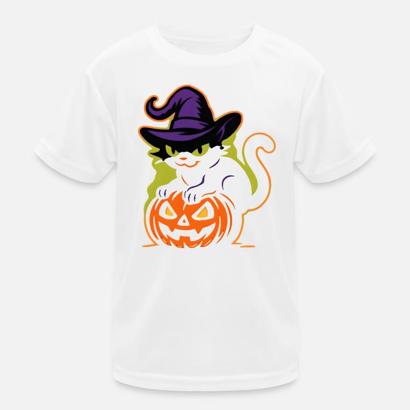 Wizard Cat and Luminous Pumpkin - Kids Functional T-Shirt - white
