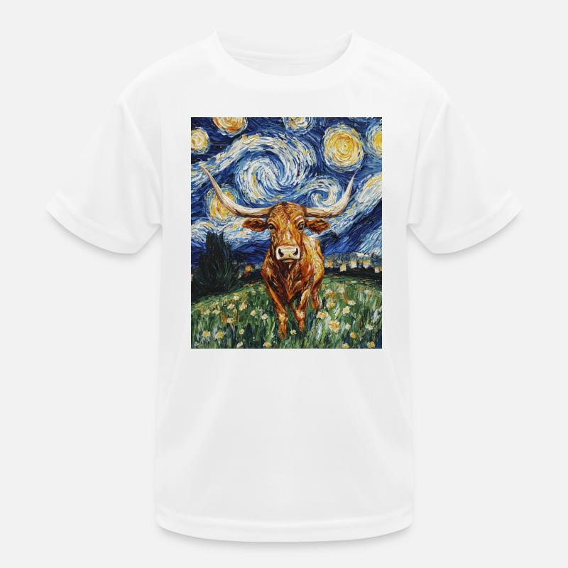 Longhorn Cow Cows Bull Van Gogh Starry Night Kids Functional T-Shirt