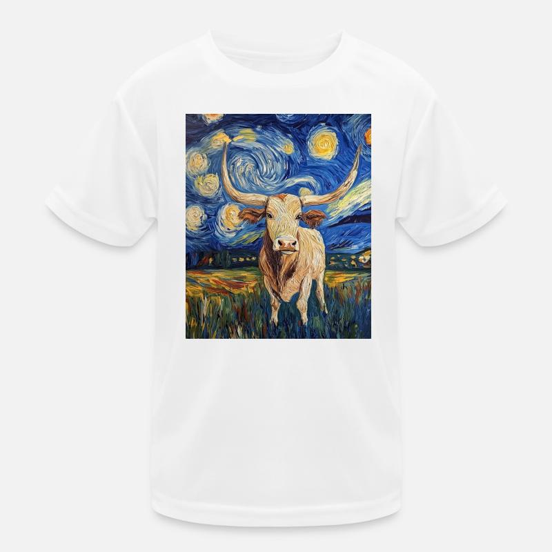 Longhorn Cow Cows Bull Van Gogh Starry Night Kids Functional T-Shirt