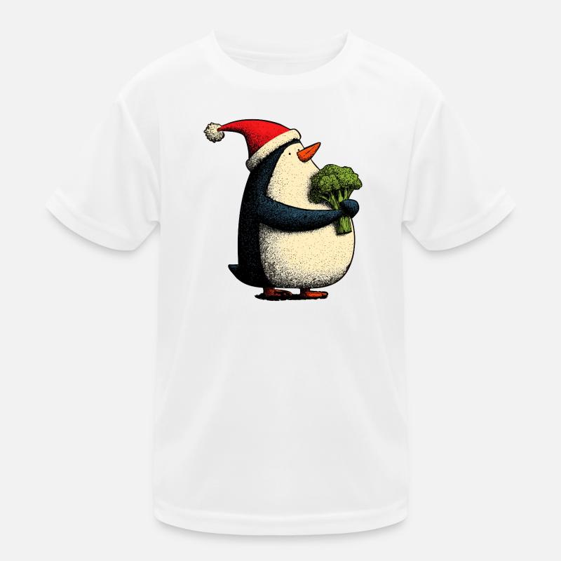 Funny Christmas Penguin with Broccoli Kids Functional T-Shirt