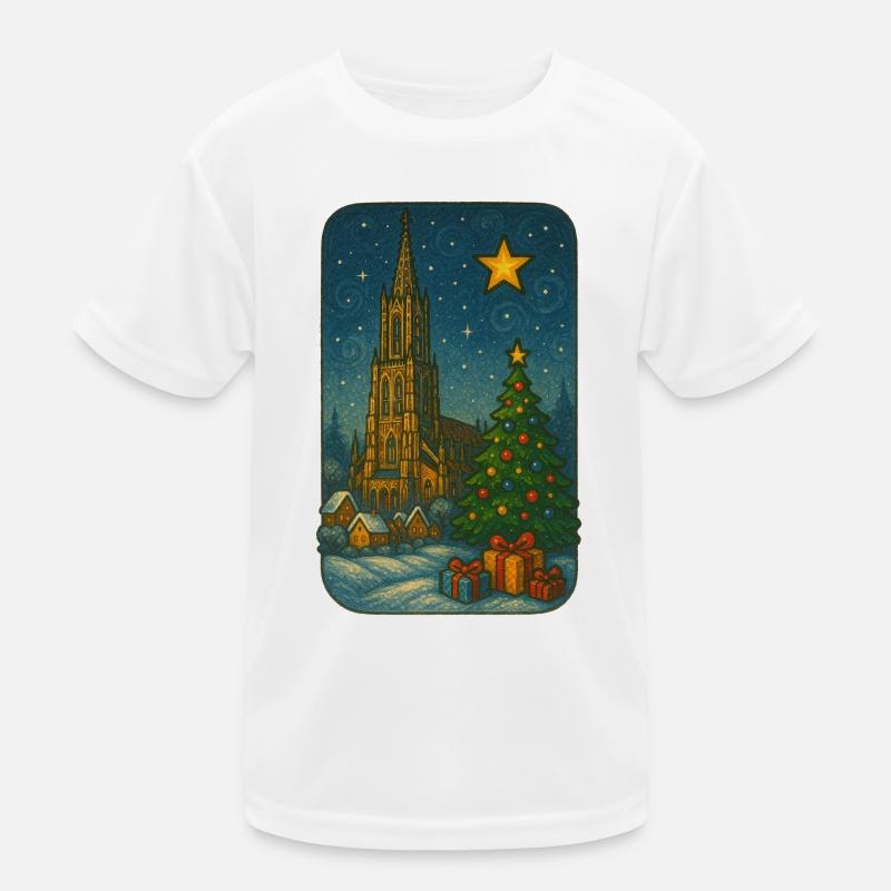 Winterlicher Kirchenplatz mit Weihnachtsbaum Kinder Funktions-T-Shirt