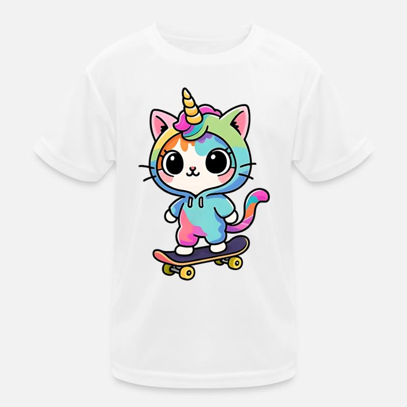Regenbogen Einhorn Katze Schlittschuh Kinder Funktions-T-Shirt