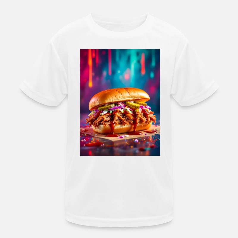 Saftiger Pulled Pork Burger umgeben von Sprengstoff Kinder Funktions-T-Shirt